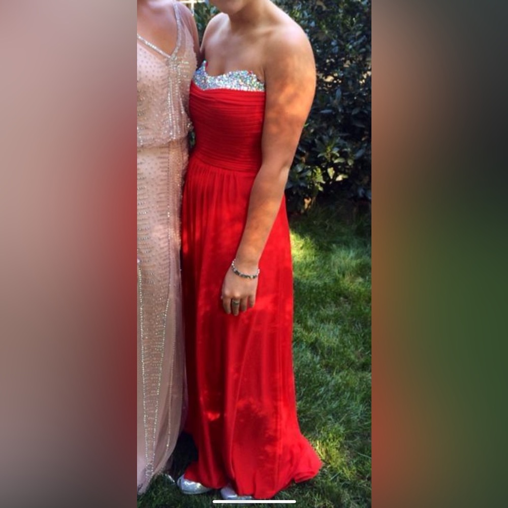 Red formal dress with sequin top and back